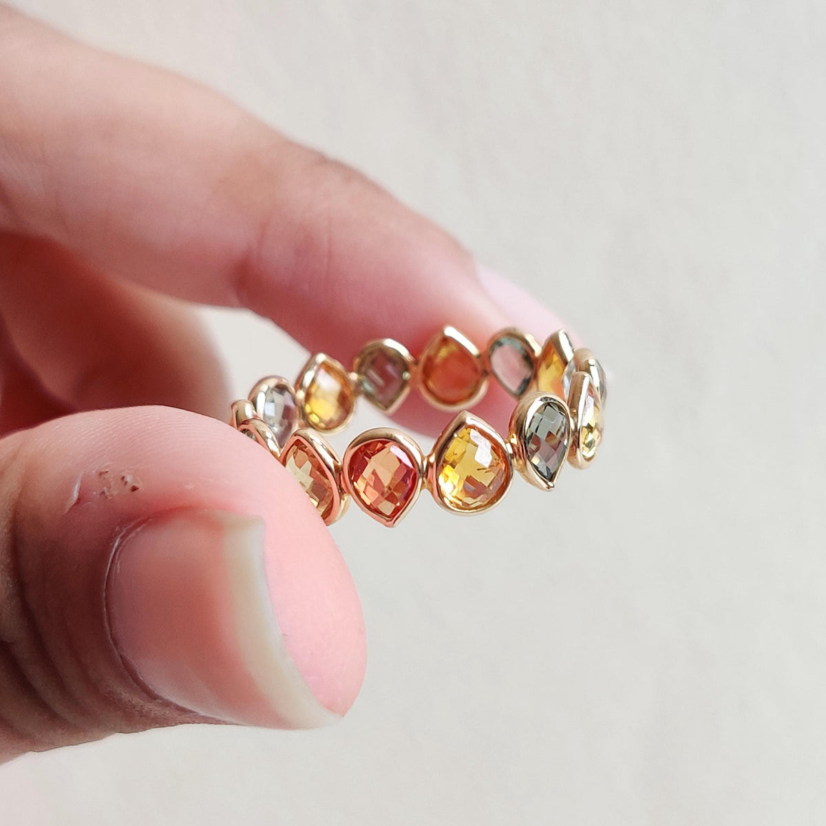 14K Solid Yellow Gold Natural Multi Sapphire Ring, Dainty Bezel Eternity Band, Christmas Present