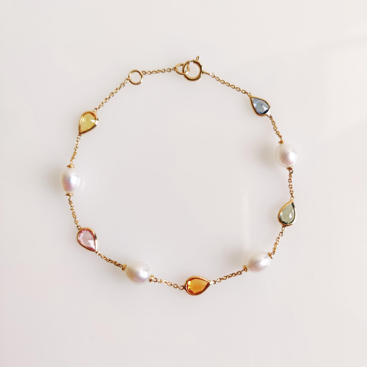 14K Solid Yellow Gold Natural Multi Sapphire & Pearl Bracelet, September Birthstone, Christmas Present