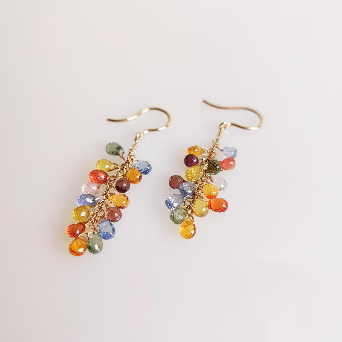 14K Solid Yellow Gold Natural Multi Sapphire Drops Earrings, September Birthstone, Christmas Present