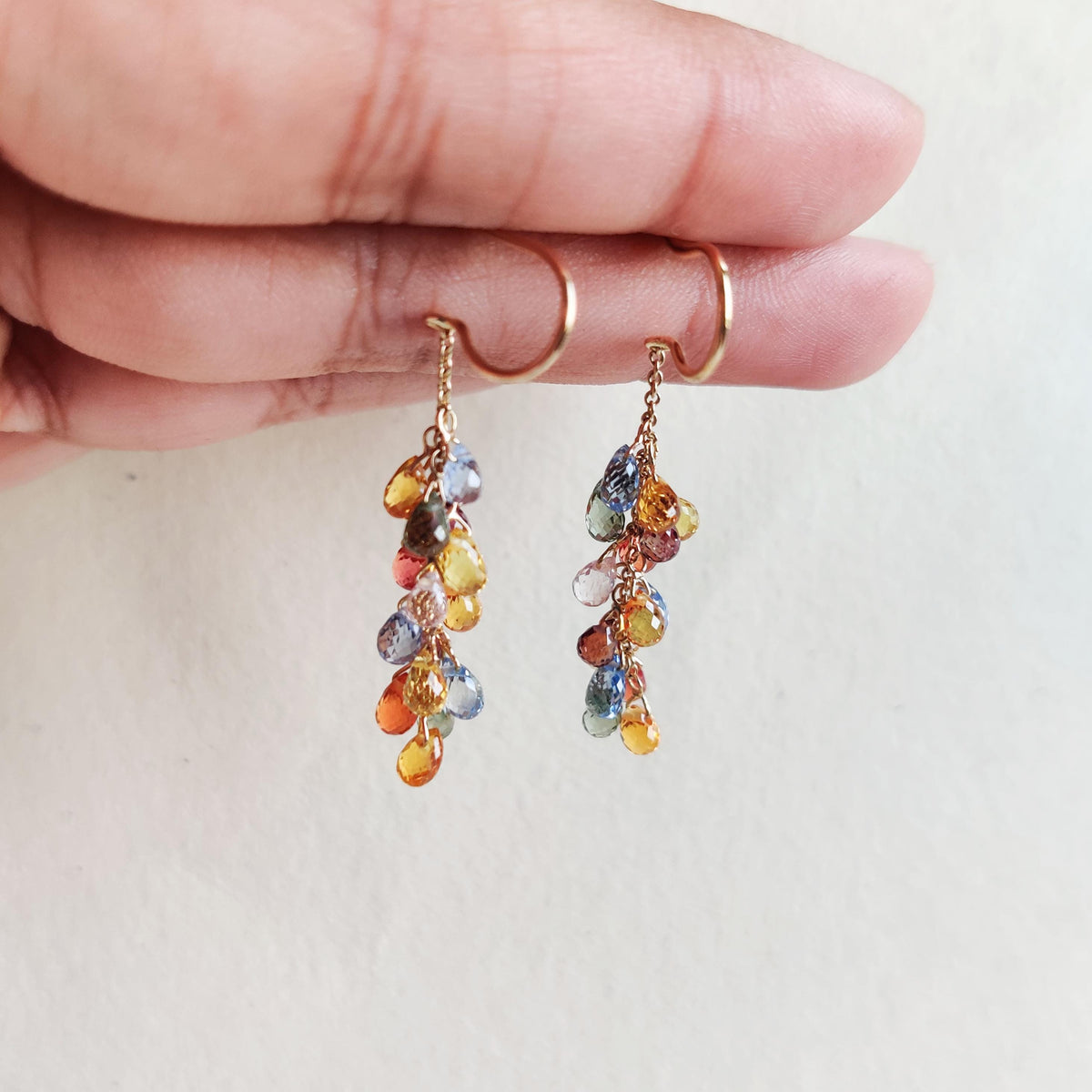 14K Solid Yellow Gold Natural Multi Sapphire Drops Earrings, September Birthstone, Christmas Present