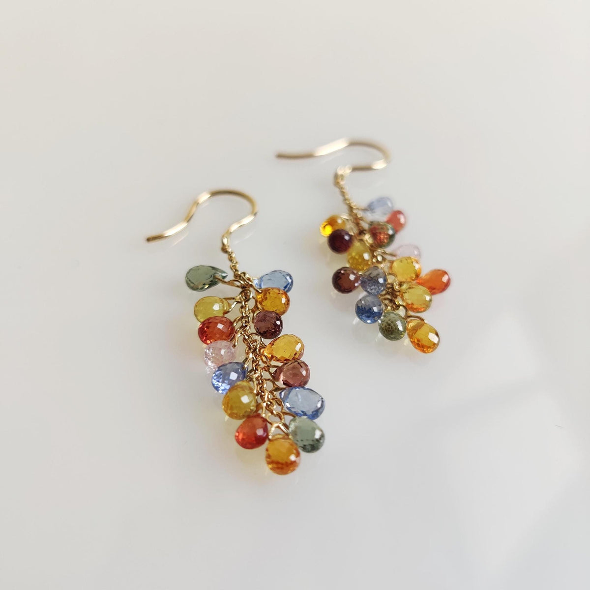 14K Solid Yellow Gold Natural Multi Sapphire Drops Earrings, September Birthstone, Christmas Present