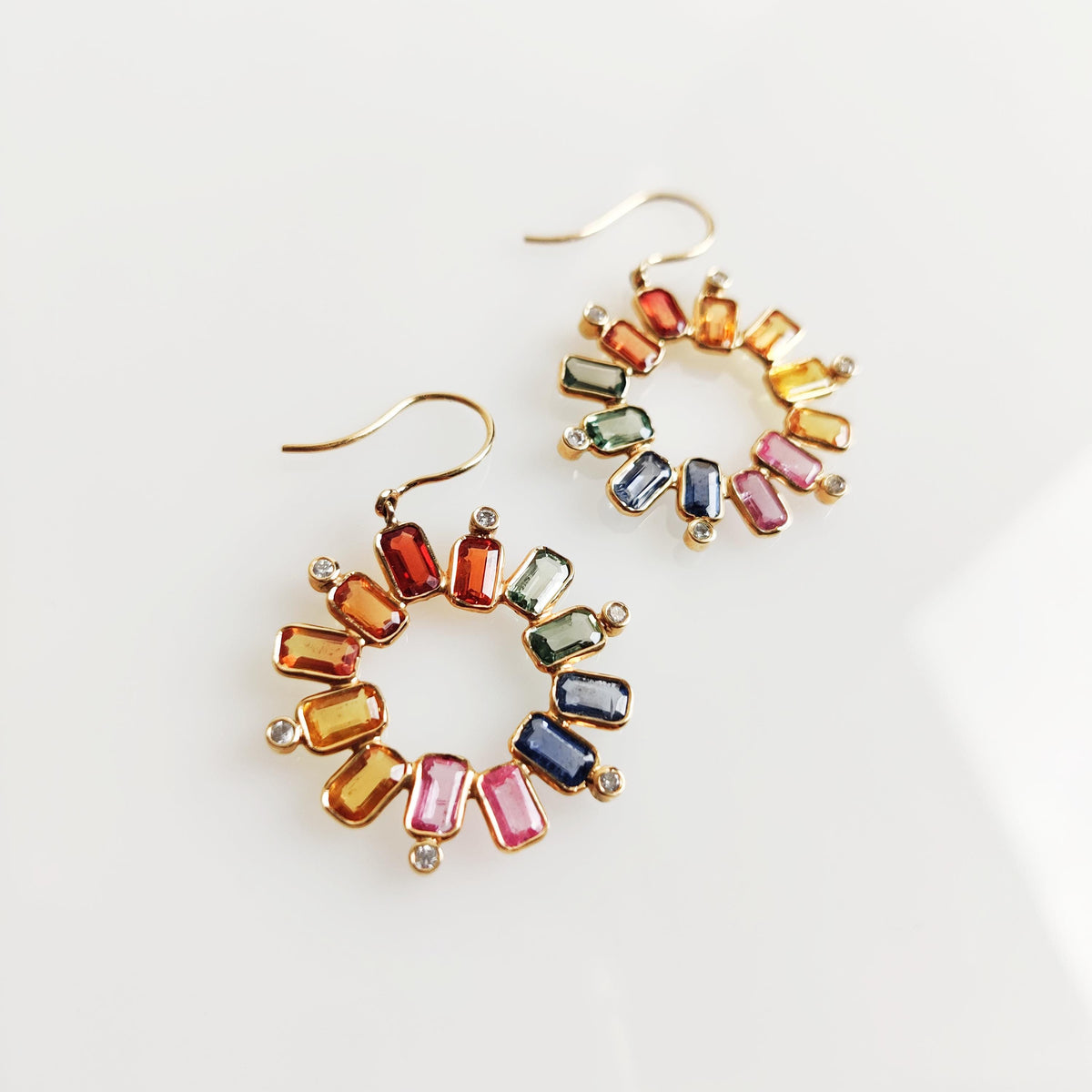 14K Solid Yellow Gold Natural Multi Sapphire & Diamond Flower Earrings, September Birthstone, Christmas Present