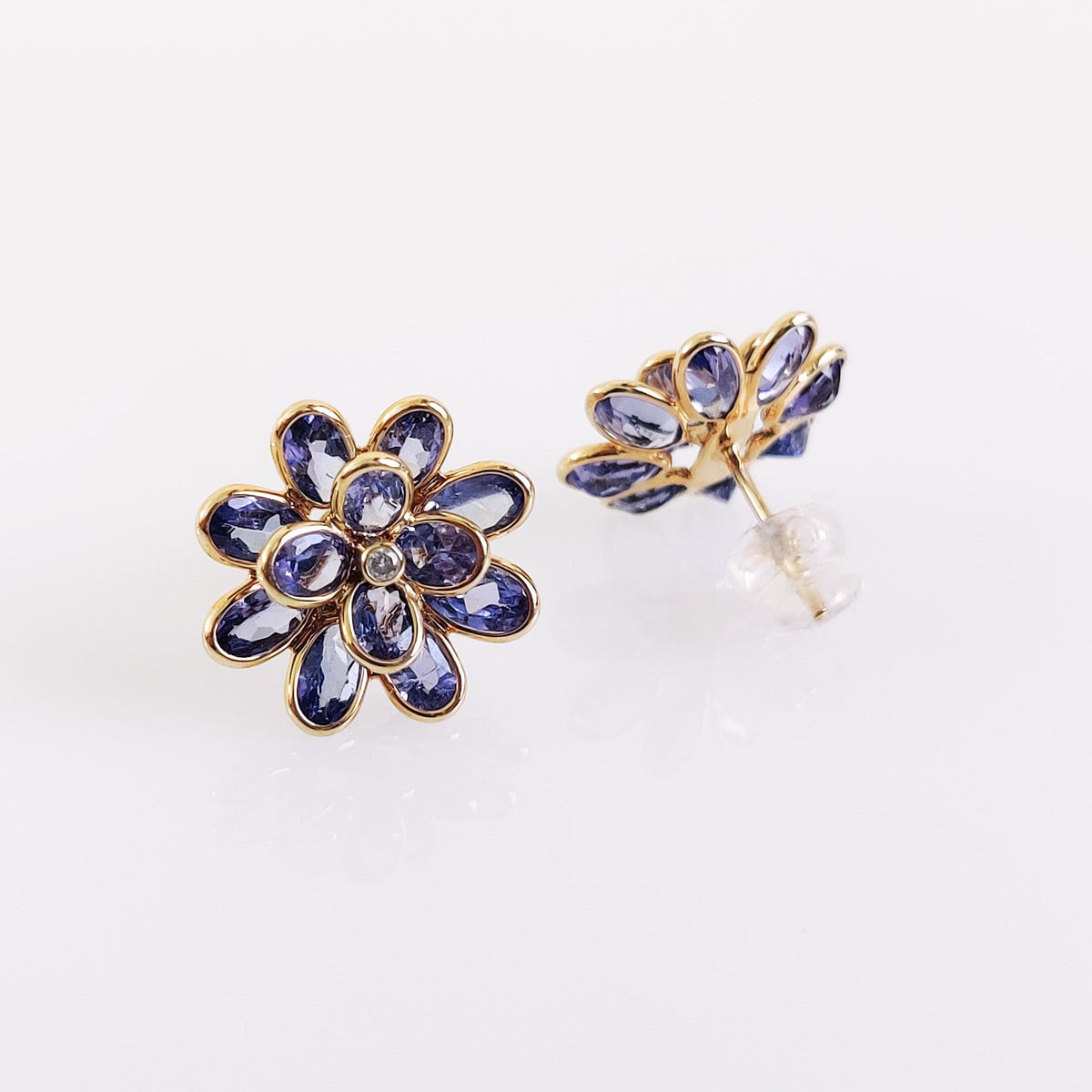14K Solid Yellow Gold Natural Tanzanite & Diamond Flower Stud Earrings, December April Birthstone, Christmas Present