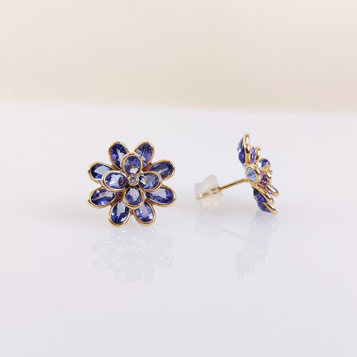 14K Solid Yellow Gold Natural Tanzanite & Diamond Flower Stud Earrings, December April Birthstone, Christmas Present