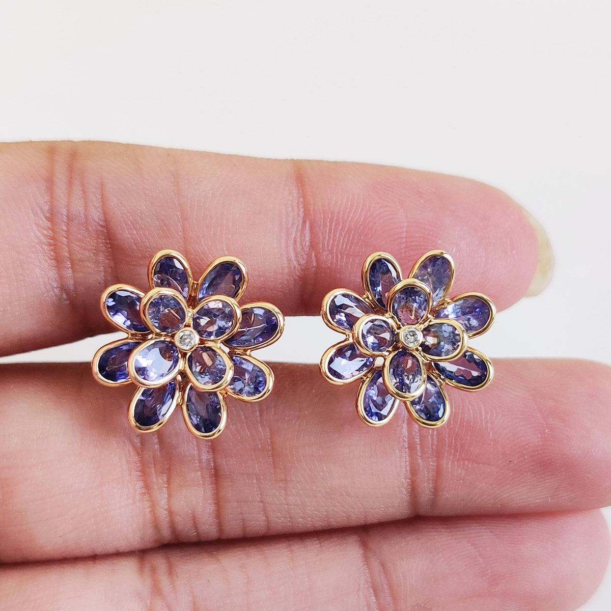14K Solid Yellow Gold Natural Tanzanite & Diamond Flower Stud Earrings, December April Birthstone, Christmas Present
