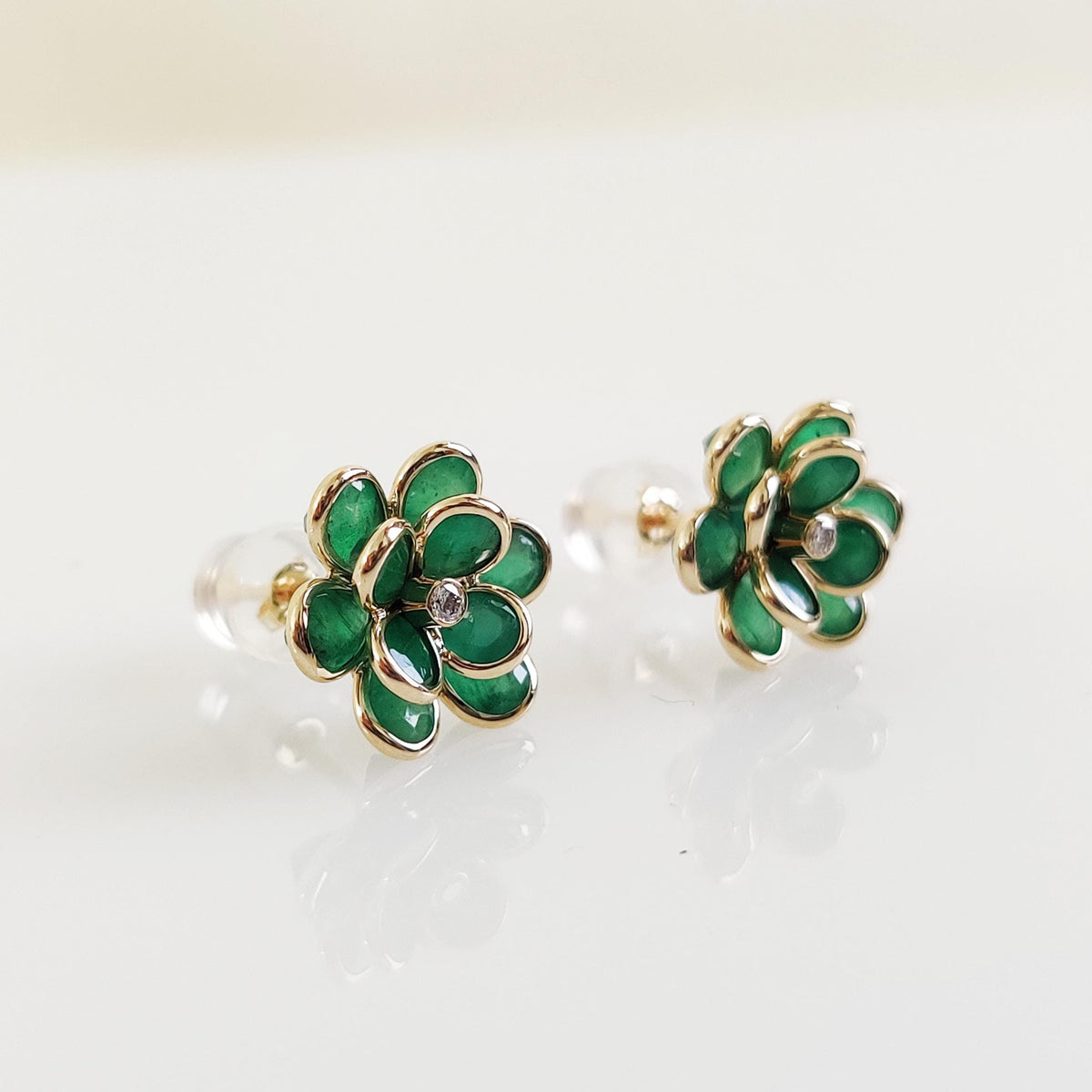 Natural Emerald & Diamond Flower Stud Earrings, 14K Solid Yellow Gold, May Birthstone, Anniversary Gift