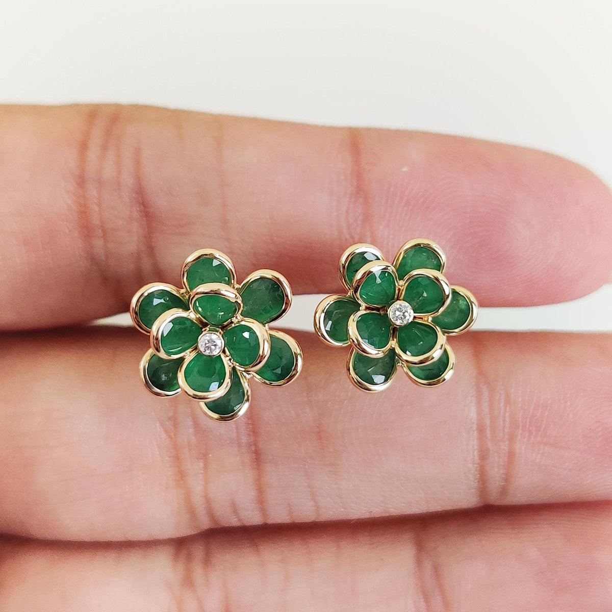 Natural Emerald & Diamond Flower Stud Earrings, 14K Solid Yellow Gold, May Birthstone, Anniversary Gift