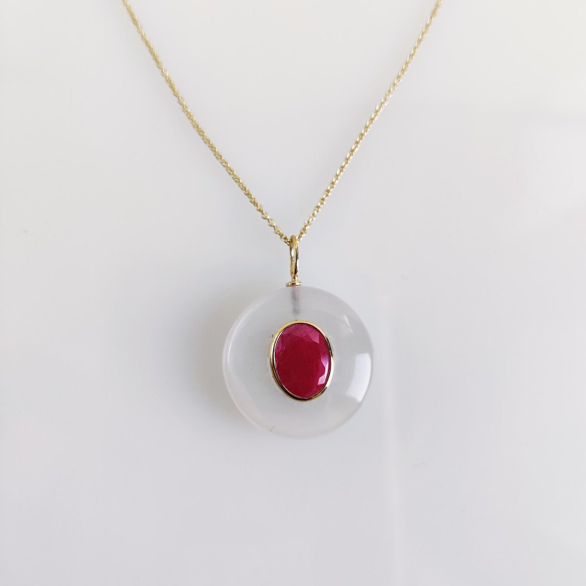 Natural White Moonstone & Ruby Pendant, 14K Solid Yellow Gold Pendant, June July Birthstone, Christmas Present