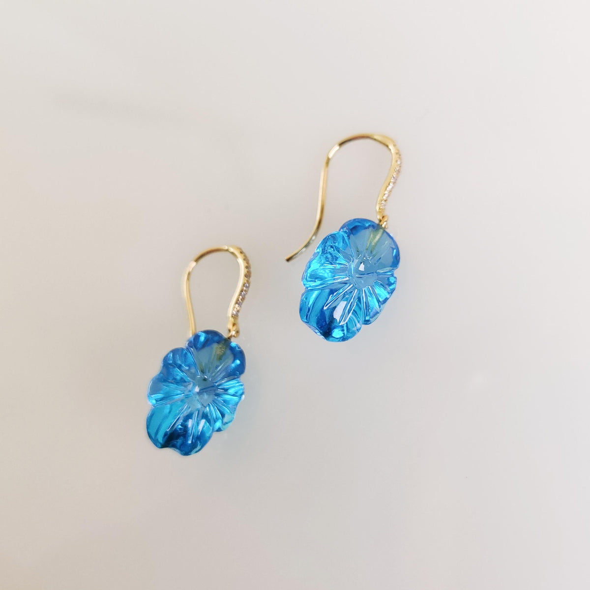 Natural Swiss Blue Topaz & Diamond Earrings, 14K Solid Yellow Gold Carving Earrings, Christmas Present