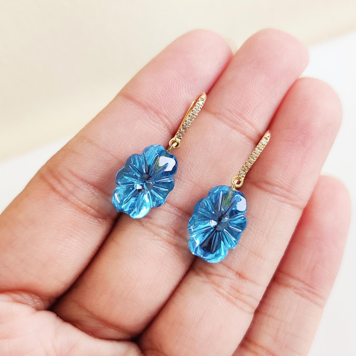 Natural Swiss Blue Topaz & Diamond Earrings, 14K Solid Yellow Gold Carving Earrings, Christmas Present