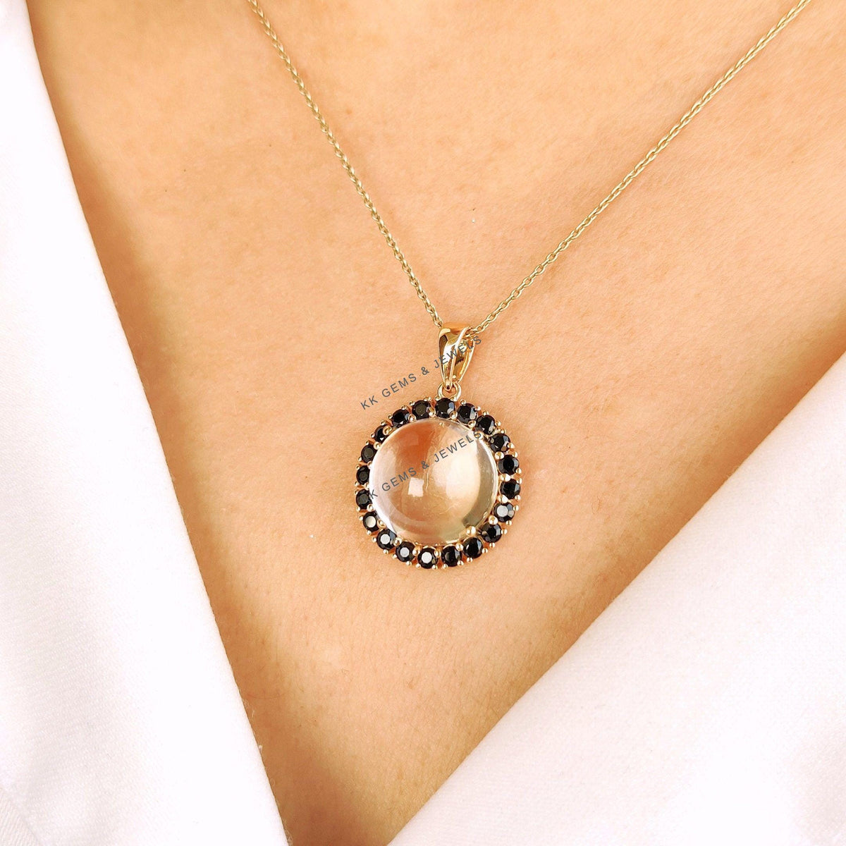 14K Solid Yellow Gold Natural Clear Quartz & Black Spinel Halo Pendant, April July Birthstone, Christmas Present