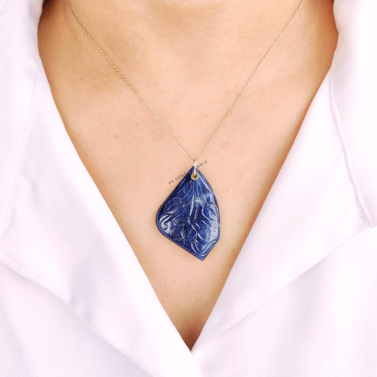 Natural Carving Blue Sapphire Drill Pendant, 14K Solid Yellow Gold, September Birthstone