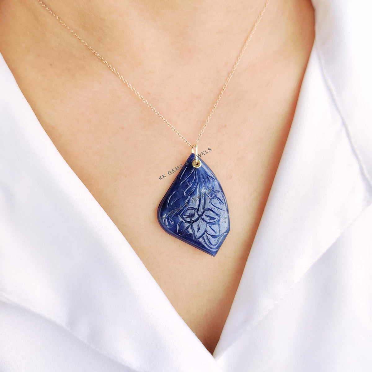 Natural Carving Blue Sapphire Drill Pendant, 14K Solid Yellow Gold, September Birthstone