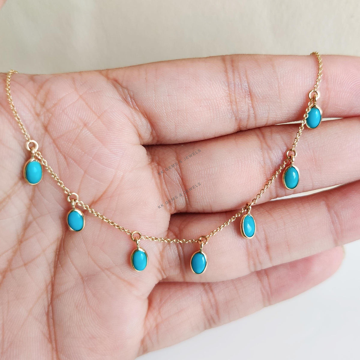 14K Solid Yellow Gold Natural Turquoise Bezel Necklace, December Birthstone Jewelry, Christmas Present