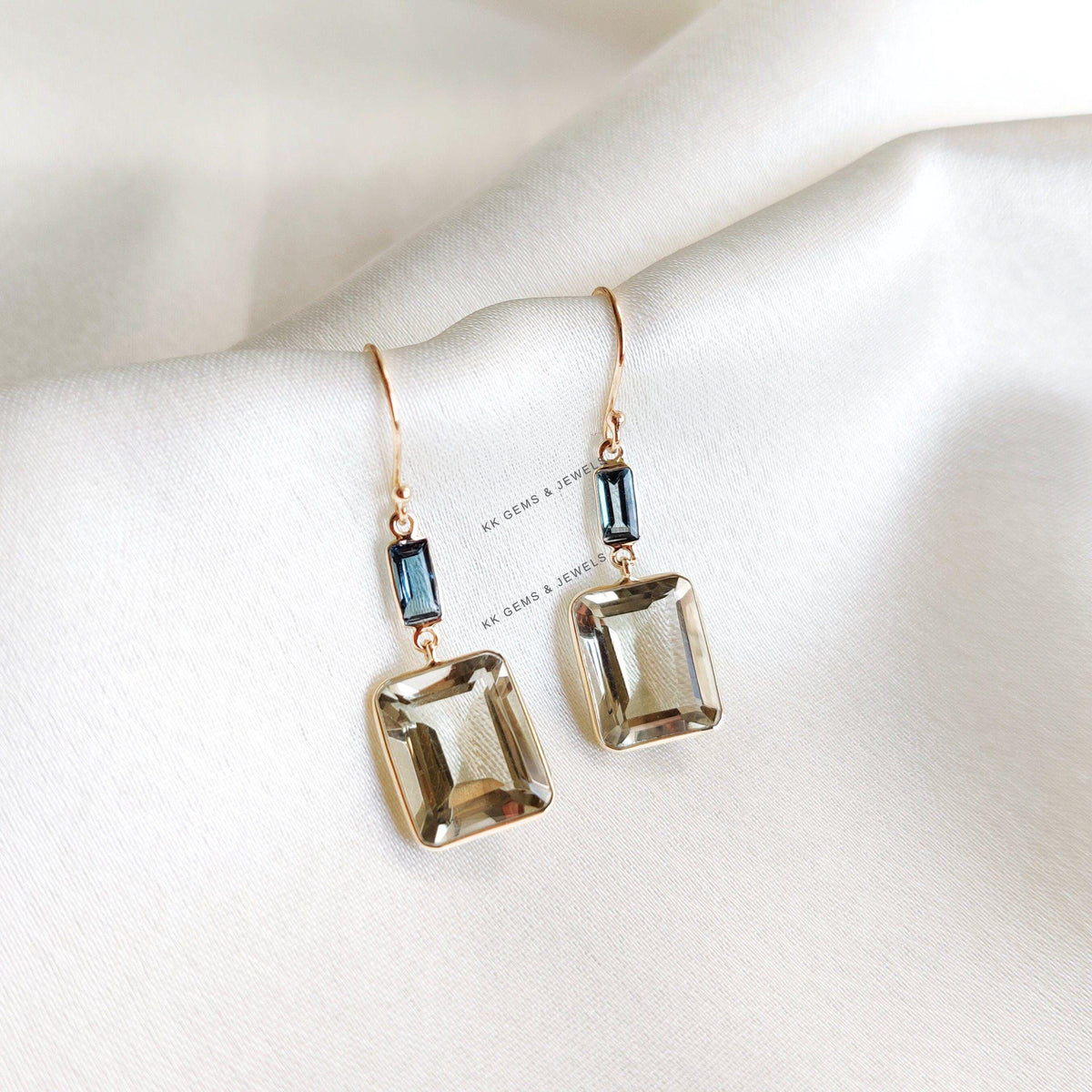 Natural Green Amethyst & London Blue Topaz Earrings, 14K Solid Yellow Gold Earrings, Christmas Present