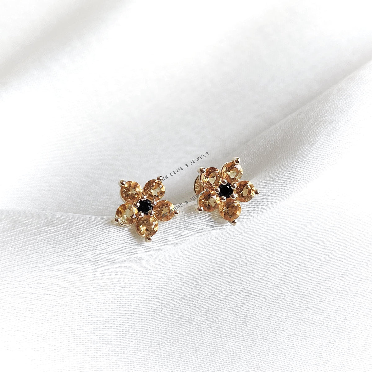 Natural Citrine & London Blue Topaz Flower Studs, 14K Solid Yellow Gold Earrings, November Birthstone