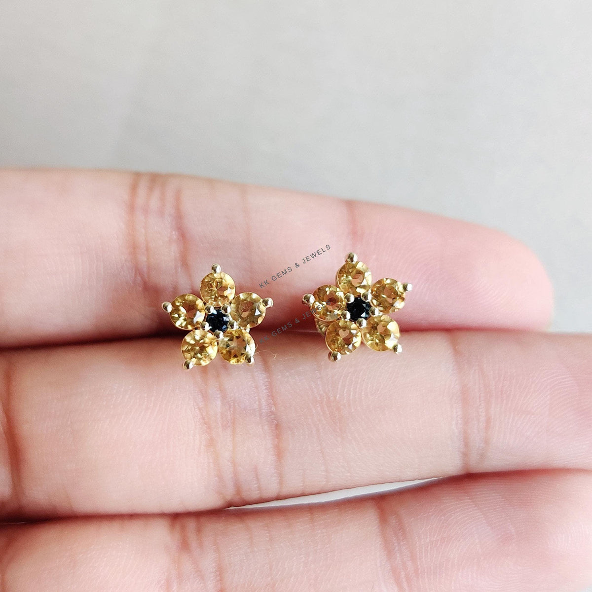 Natural Citrine & London Blue Topaz Flower Studs, 14K Solid Yellow Gold Earrings, November Birthstone