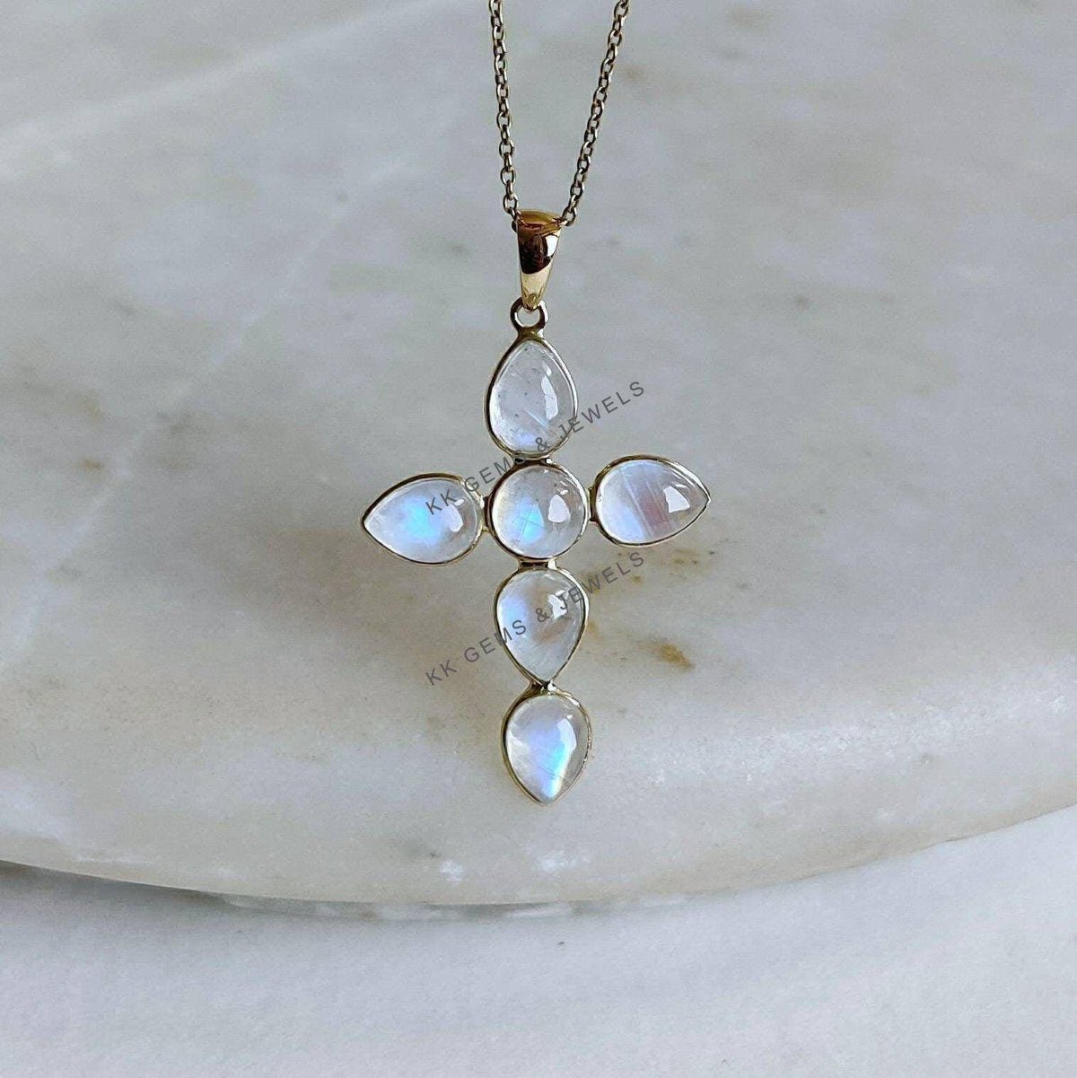 Natural Rainbow Moonstone Cross Pendant, 14K Solid Yellow Gold, June Birthstone