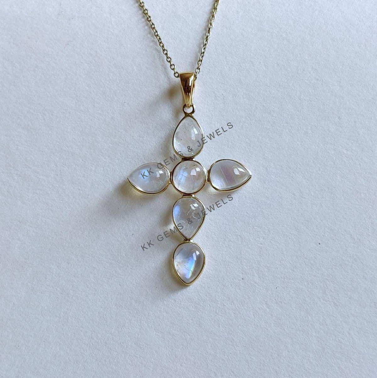 Natural Rainbow Moonstone Cross Pendant, 14K Solid Yellow Gold, June Birthstone