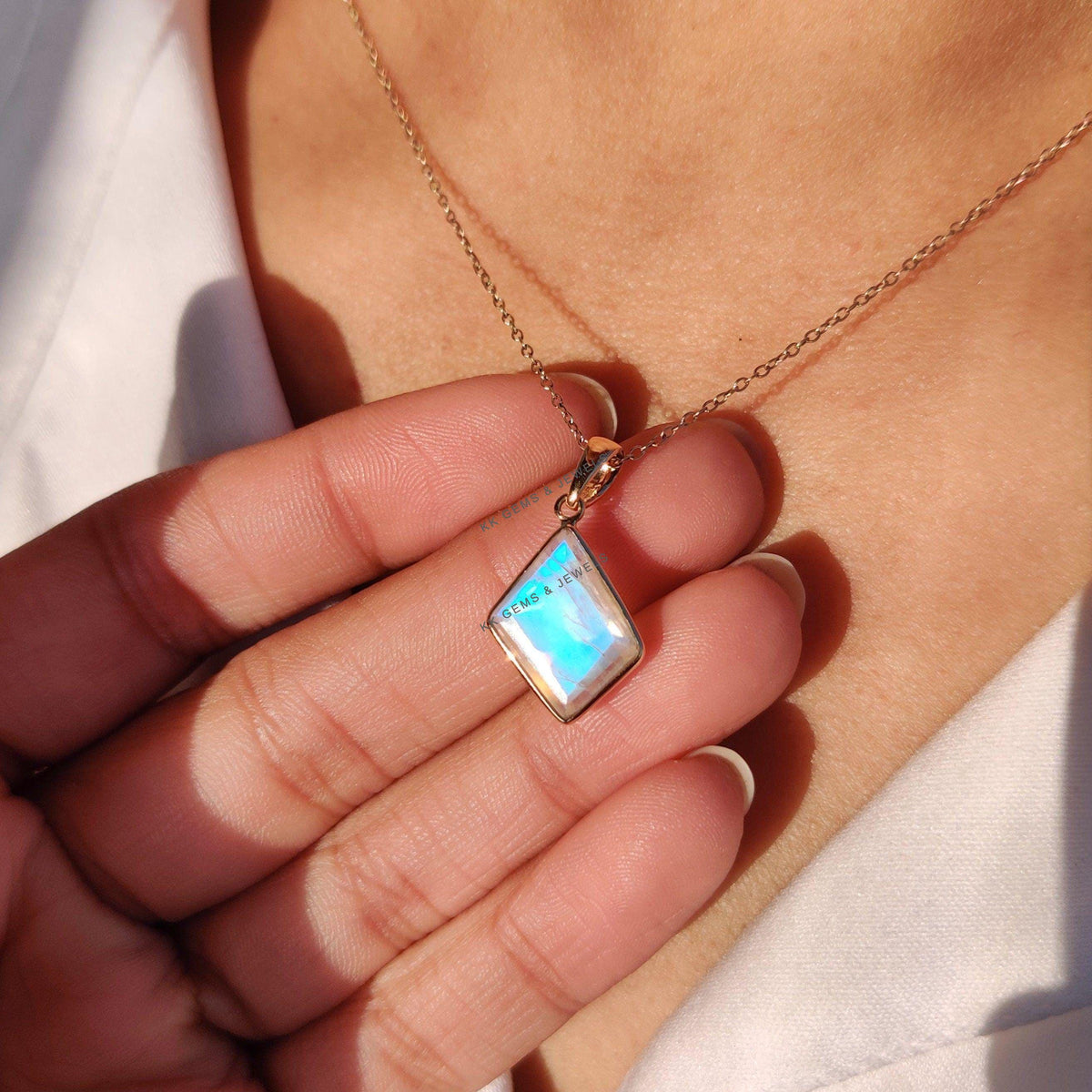 Natural Rainbow Moonstone Pendant, 14K Solid Yellow Gold Pendant, June Birthstone
