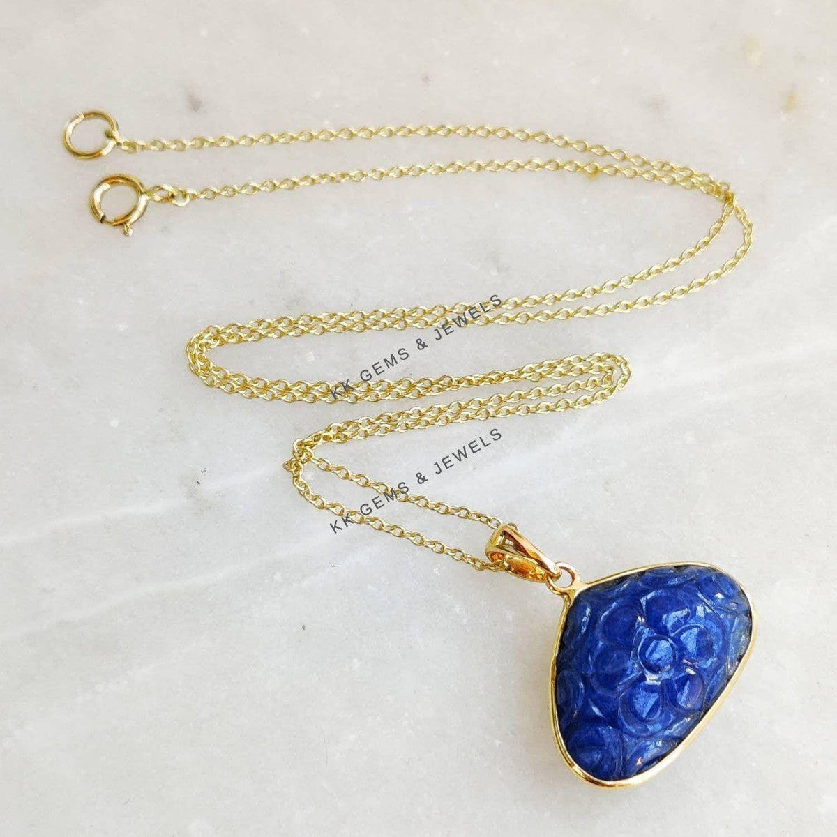 Natural Carving Blue Sapphire Trillion Pendant, 14K Solid Yellow Gold, September Birthstone, Christmas Present