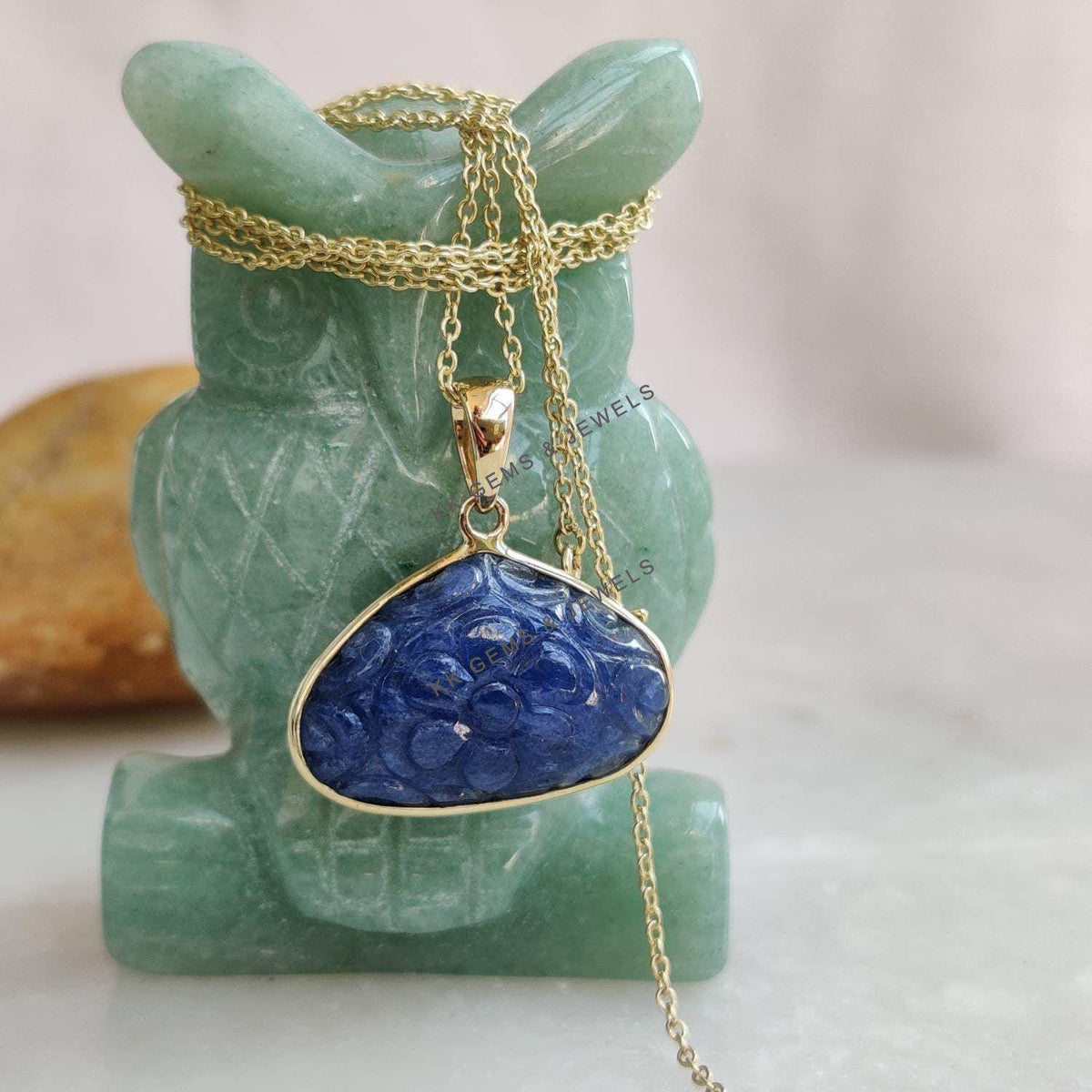 Natural Carving Blue Sapphire Trillion Pendant, 14K Solid Yellow Gold, September Birthstone, Christmas Present