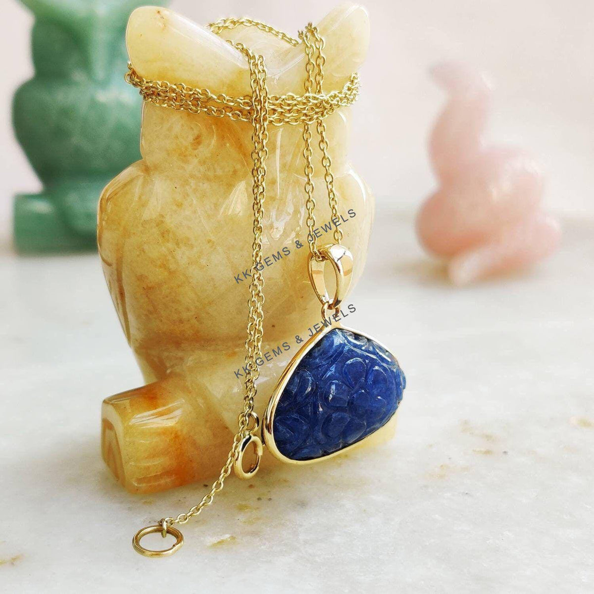 Natural Carving Blue Sapphire Trillion Pendant, 14K Solid Yellow Gold, September Birthstone, Christmas Present