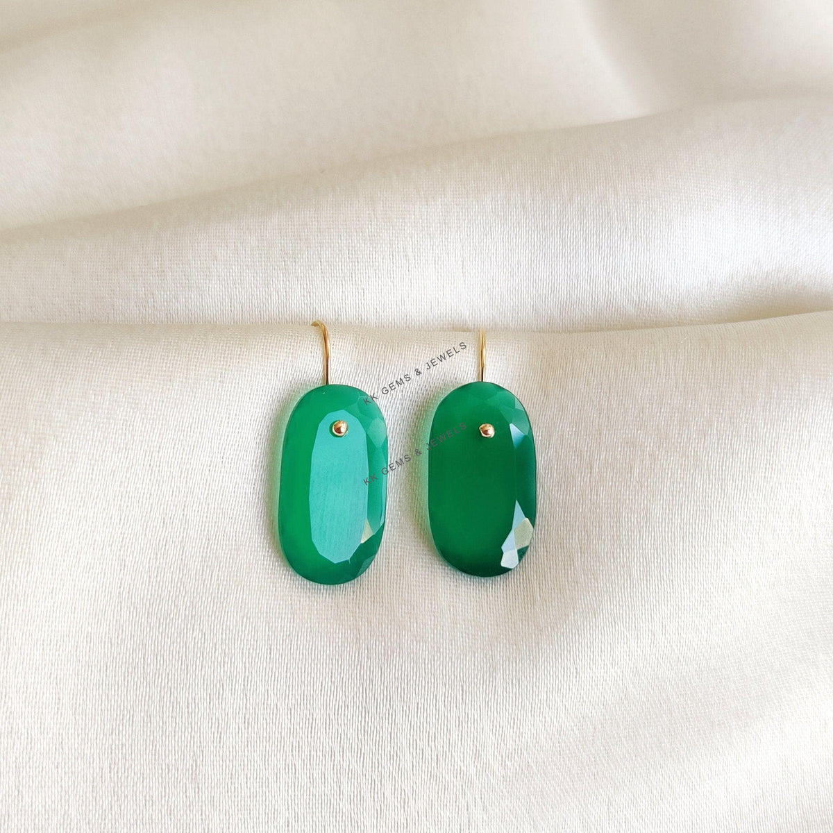14K Solid Yellow Gold Natural Green Onyx Dangle Earrings, May Birthstone, Christmas Present