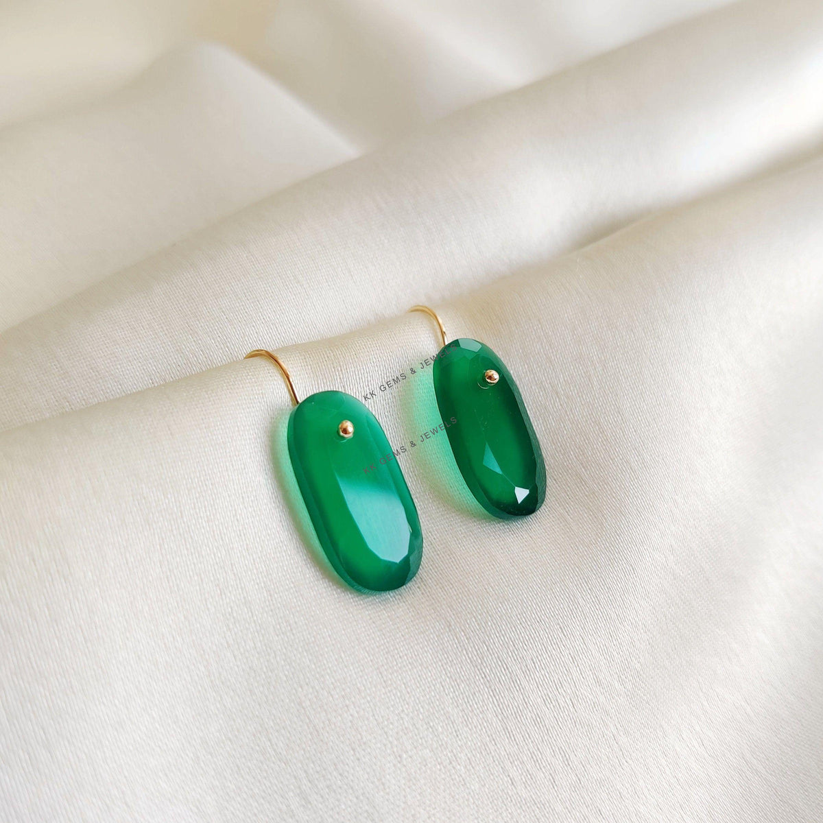 14K Solid Yellow Gold Natural Green Onyx Dangle Earrings, May Birthstone, Christmas Present