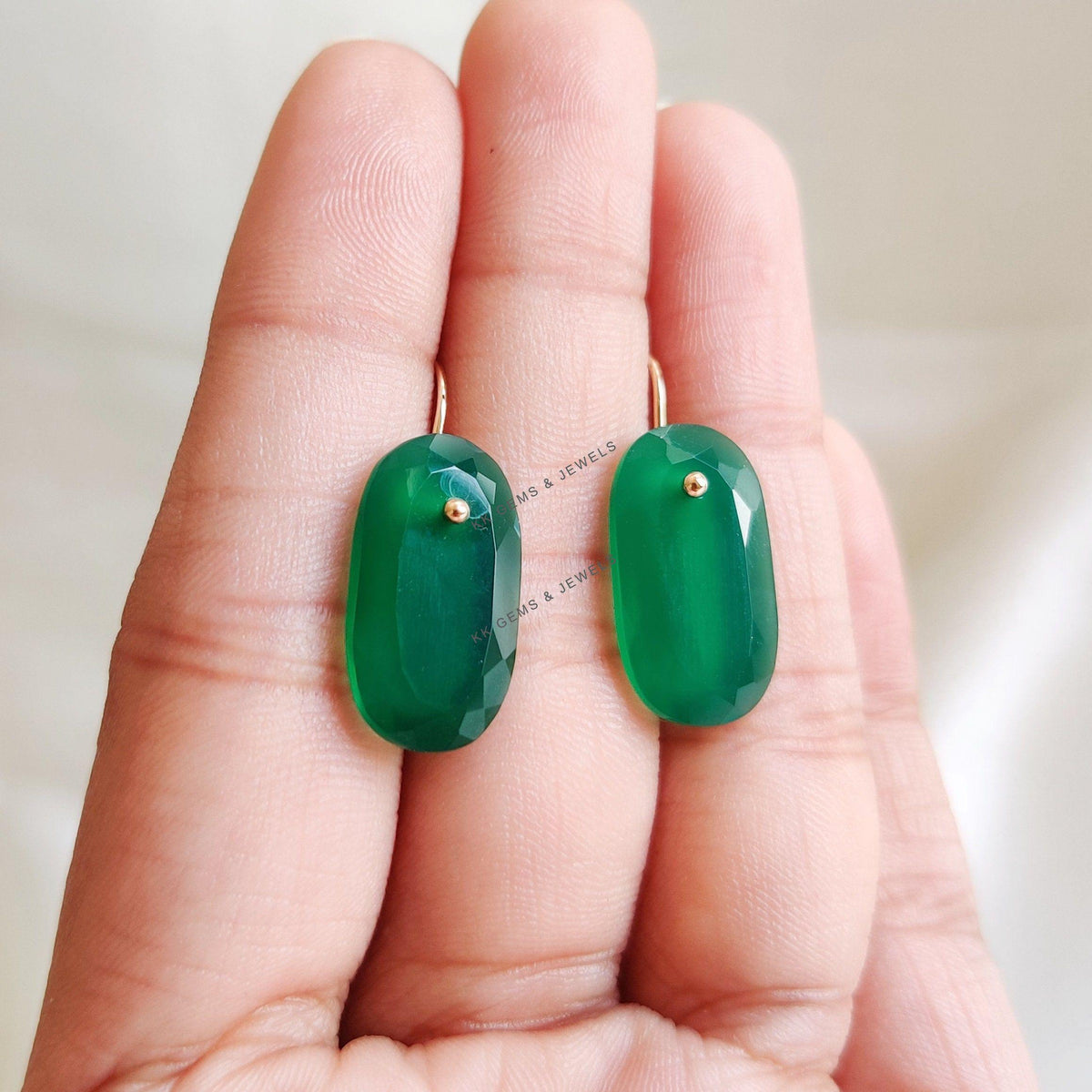 14K Solid Yellow Gold Natural Green Onyx Dangle Earrings, May Birthstone, Christmas Present