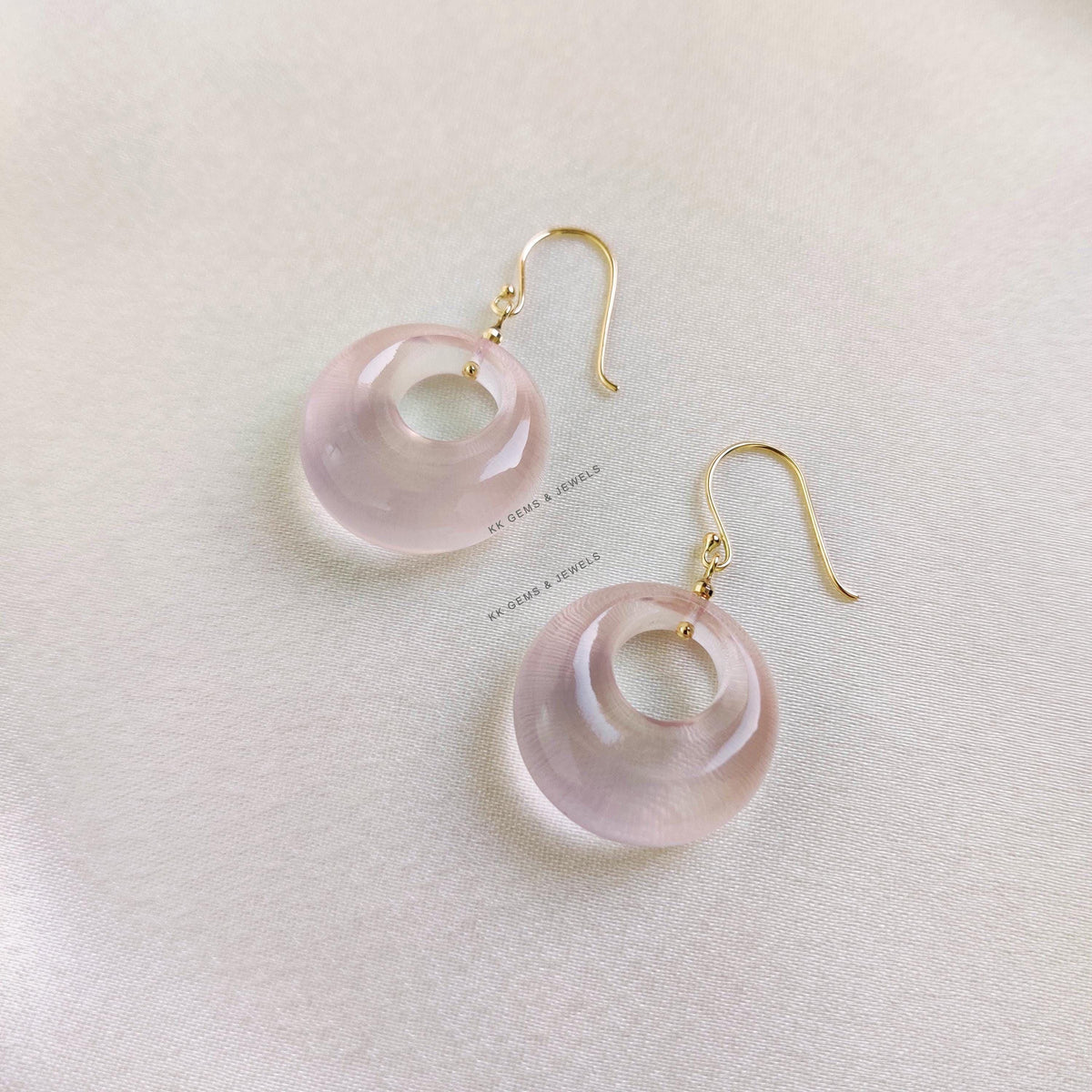 Natural Rose Quartz Donut Earrings, 14K Solid Yellow Gold Earrings, January Birthstone