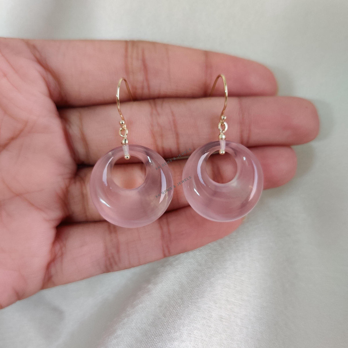 Natural Rose Quartz Donut Earrings, 14K Solid Yellow Gold Earrings, January Birthstone