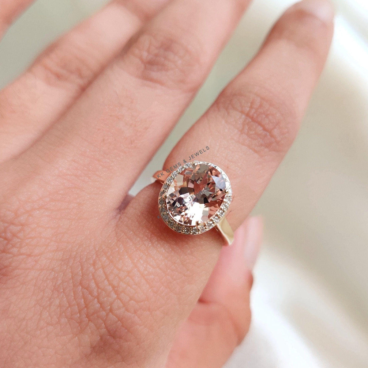 Natural Morganite & Diamond Ring, 14K Solid Yellow Gold Engagement Ring, Morganite Diamond Jewelry
