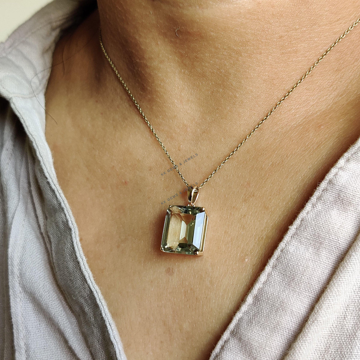 14K Solid Yellow Gold Natural Green Amethyst Octagon Pendant, February Birthstone, Christmas Present