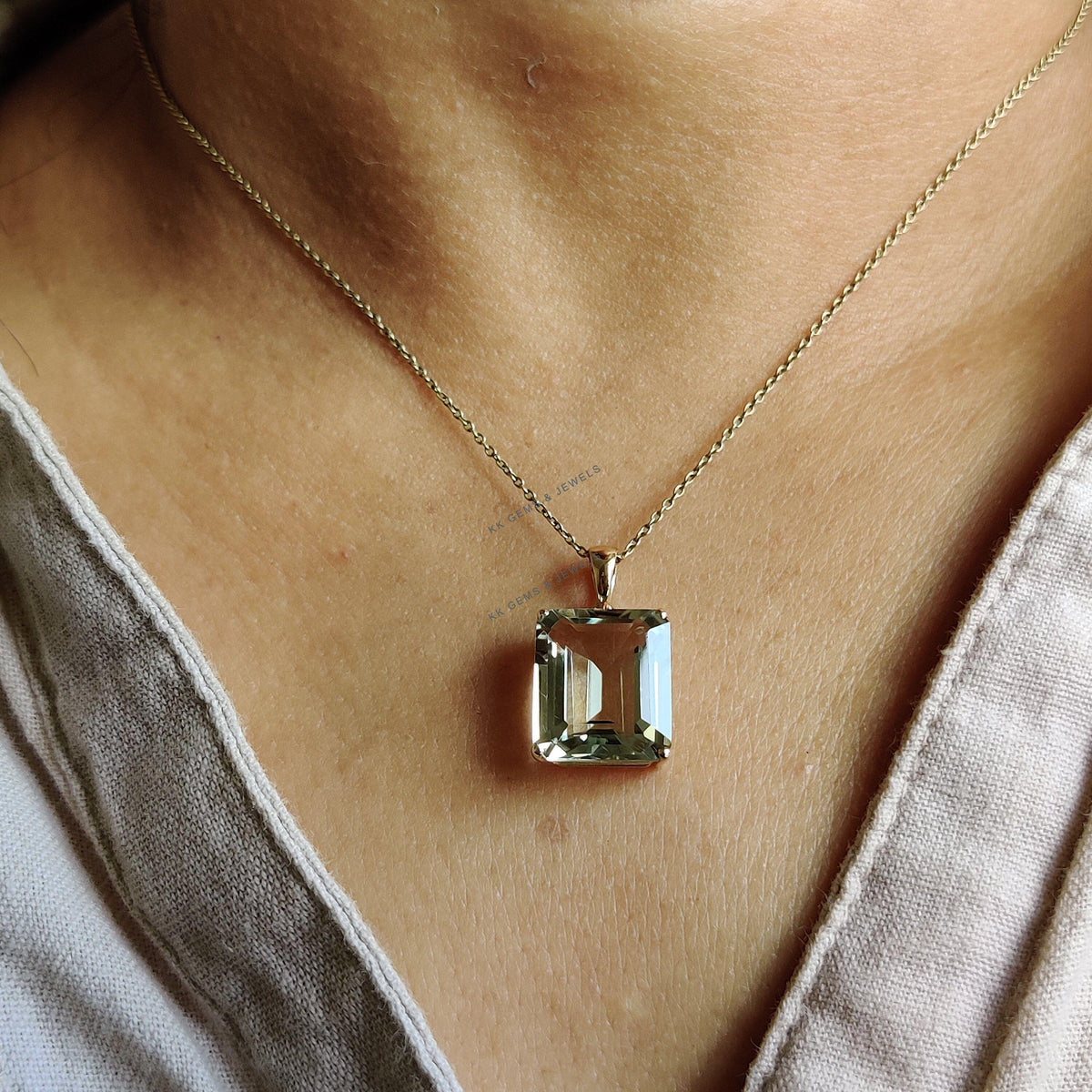 14K Solid Yellow Gold Natural Green Amethyst Octagon Pendant, February Birthstone, Christmas Present