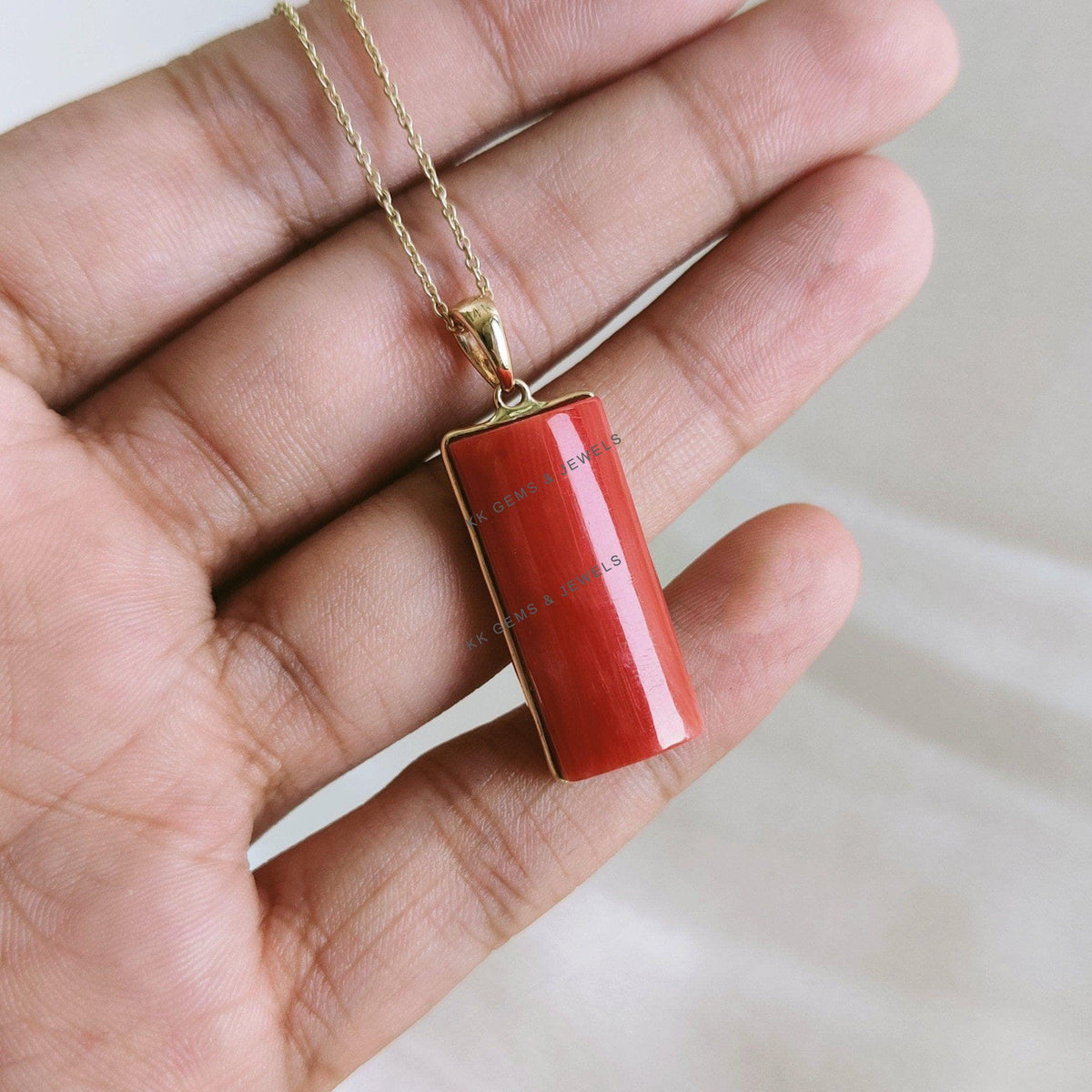 Natural Coral Pendant, 14K Solid Yellow Gold Bezel Pendant, April Birthstone, Christmas Present