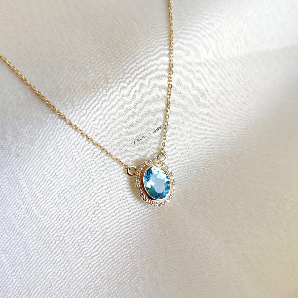 Natural Swiss Blue Topaz & Diamond Pendant, 14K Solid Yellow Gold Chain Necklace, December Birthstone, Christmas Present