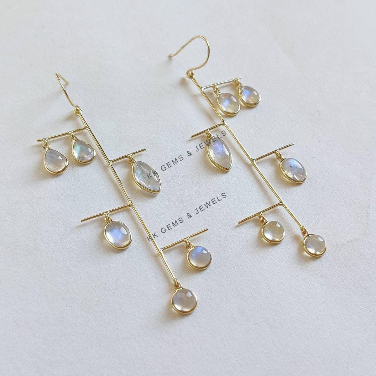 14K Solid Yellow Gold Natural Rainbow Moonstone Dangle Earrings, June Birthstone