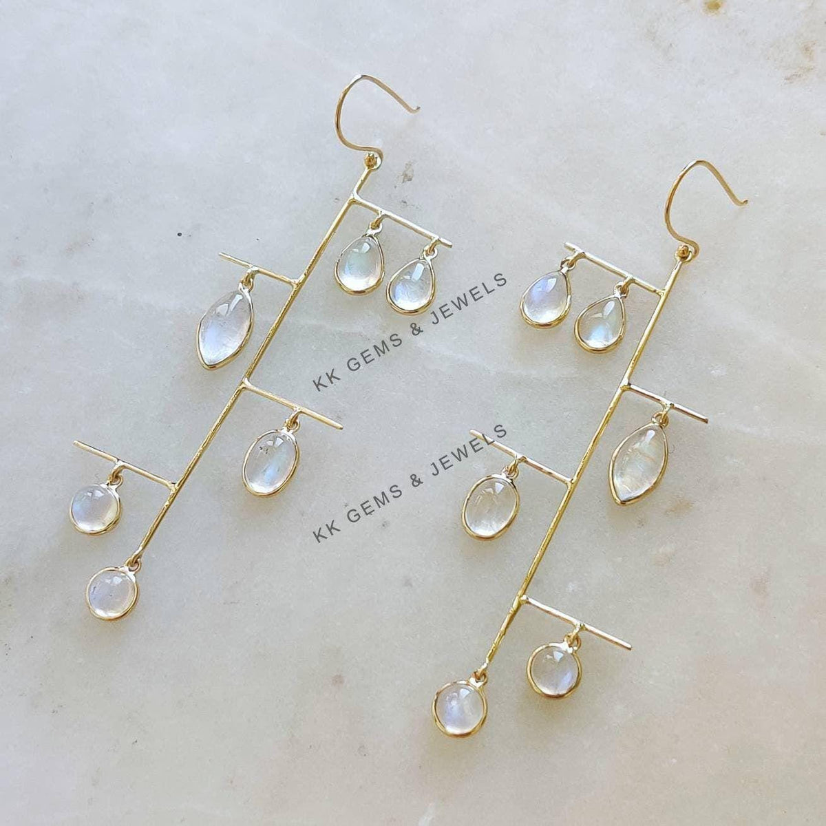 14K Solid Yellow Gold Natural Rainbow Moonstone Dangle Earrings, June Birthstone