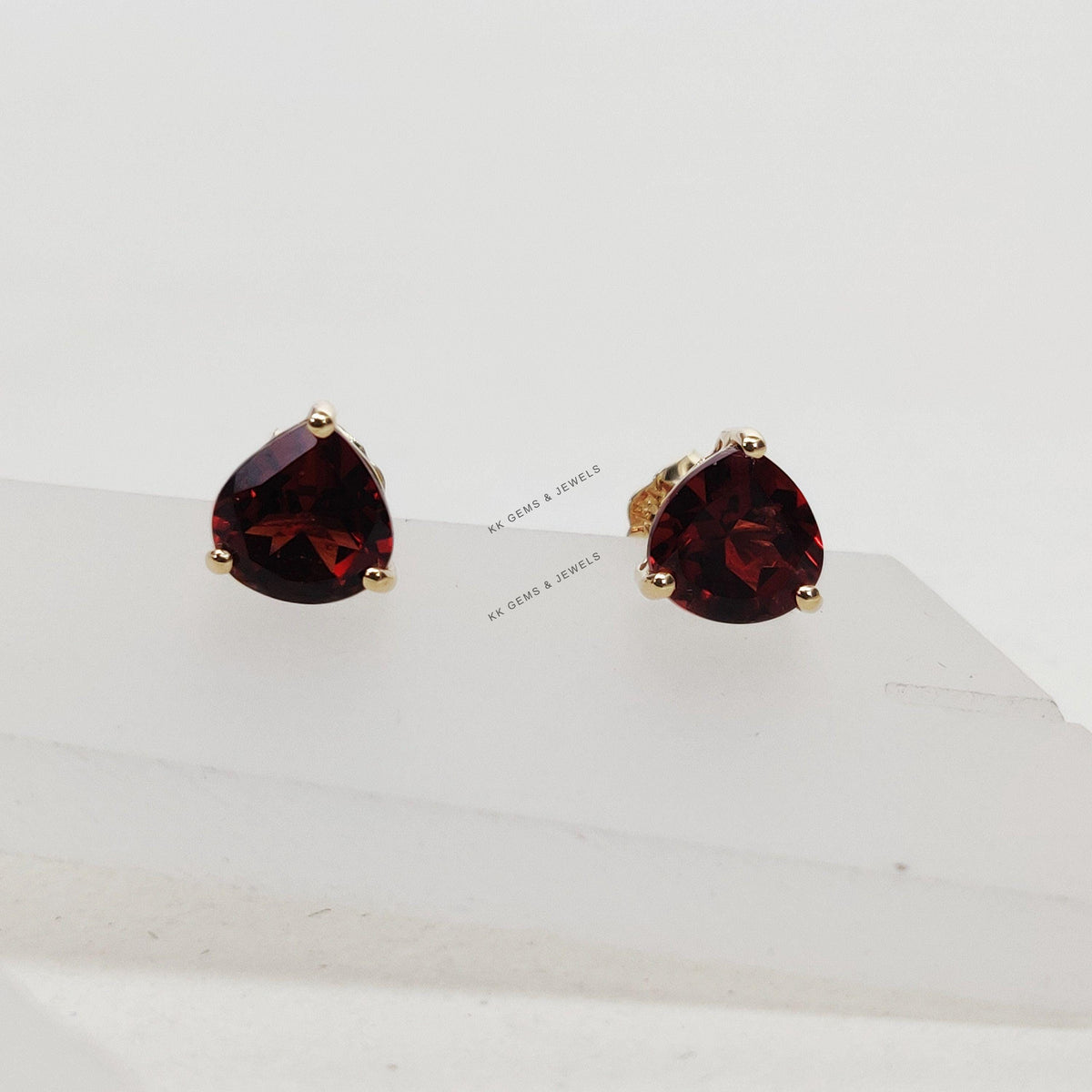 14K Solid Yellow Gold Natural Garnet Stud Earrings: January Birthstone, Anniversary Present