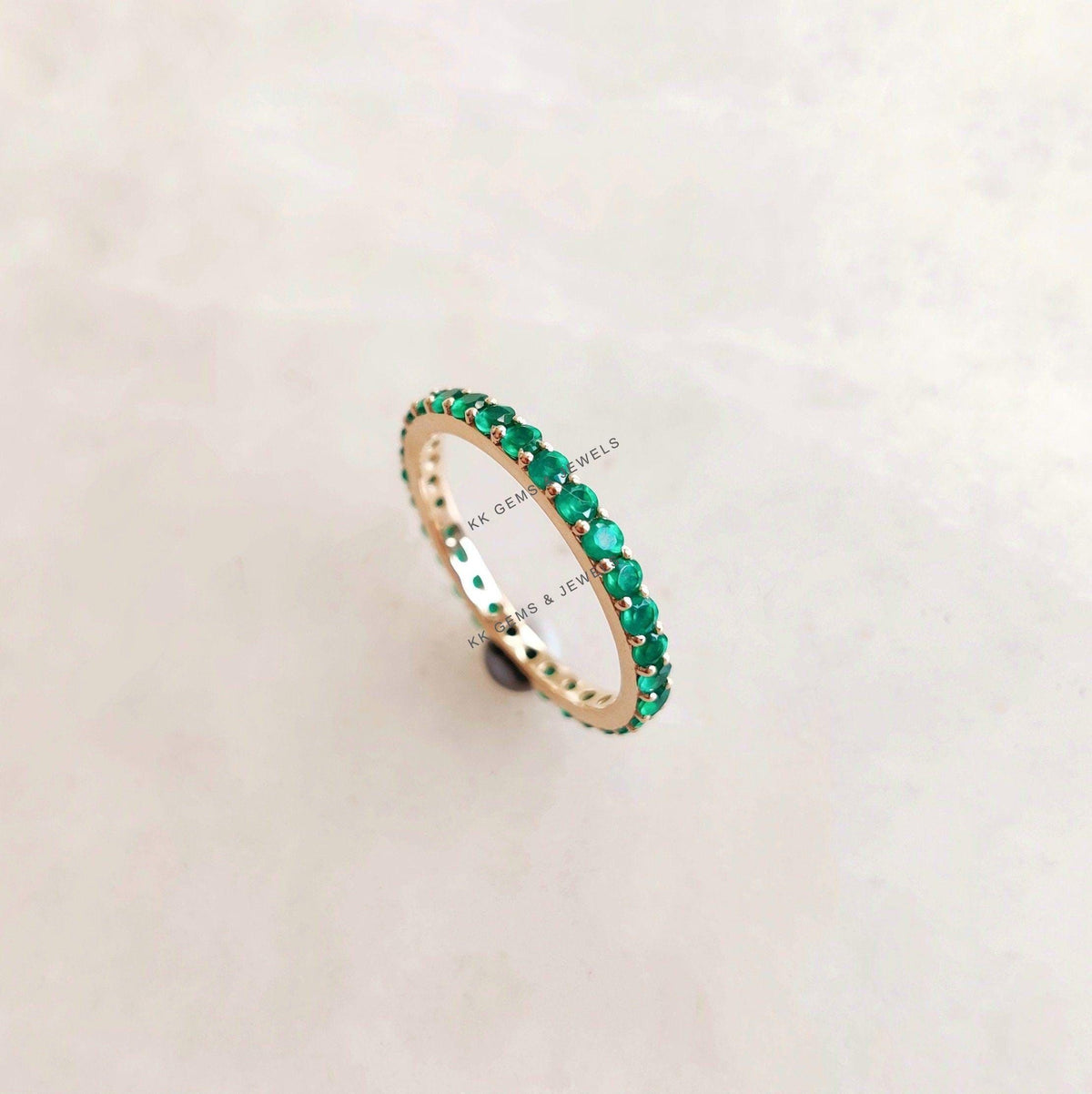 Natural Green Onyx Eternity Ring, 14K Solid Yellow Gold Infinity Band, May Birthstone, Christmas Present