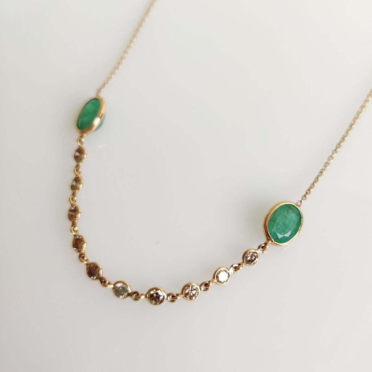 Natural Emerald & Diamond Chain Necklace, 14K Solid Yellow Gold, May Birthstone, Christmas Gift