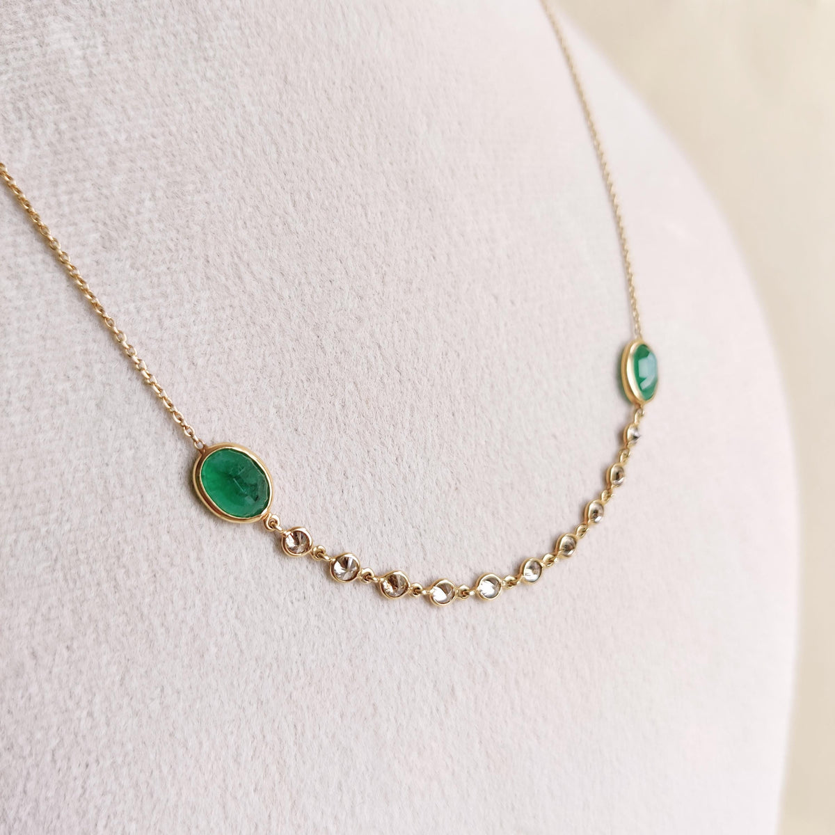 Natural Emerald & Diamond Chain Necklace, 14K Solid Yellow Gold, May Birthstone, Christmas Gift