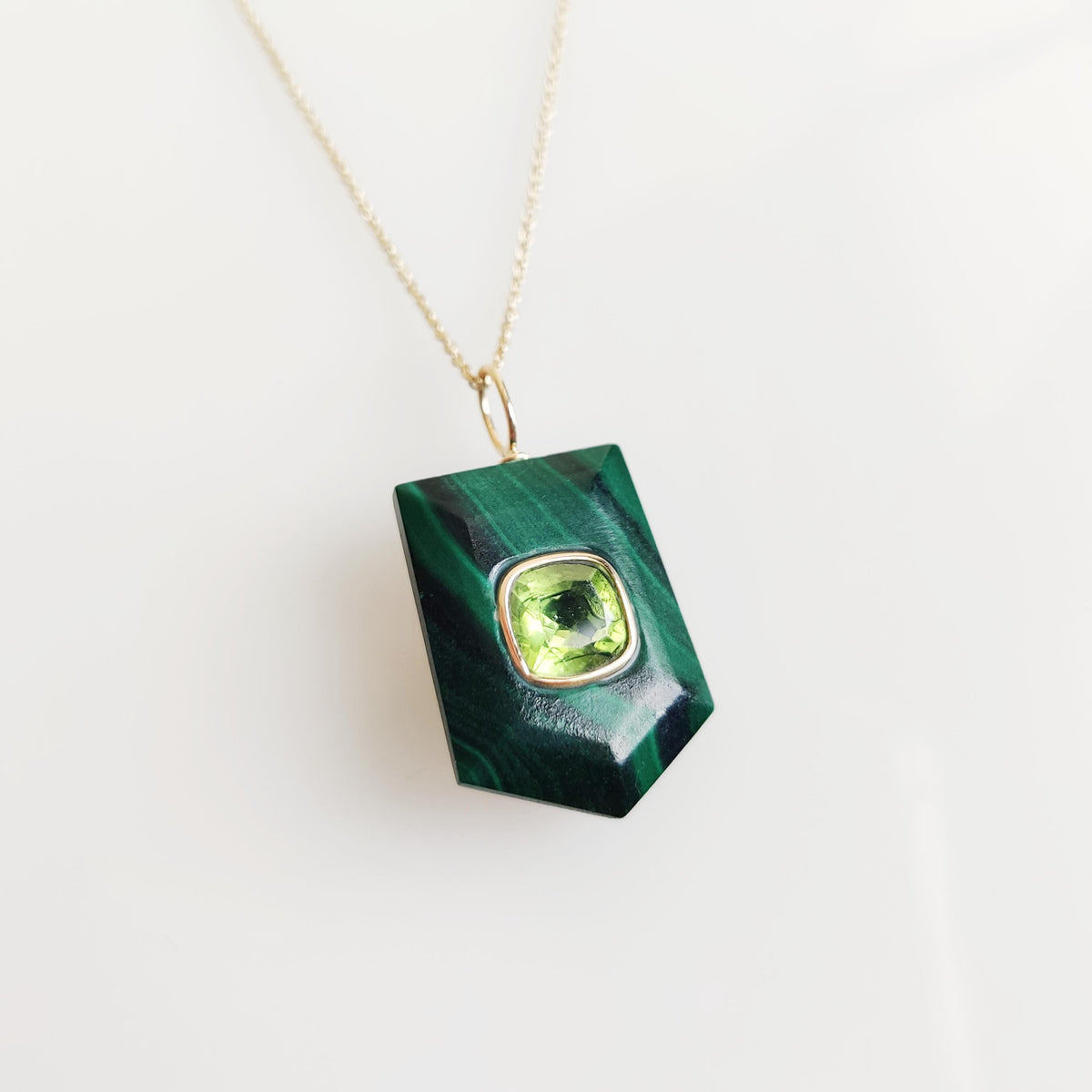 Natural Malachite & Peridot Pendant, 14K Solid Yellow Gold Pendant, May August Birthstone Pendant, Christmas Present
