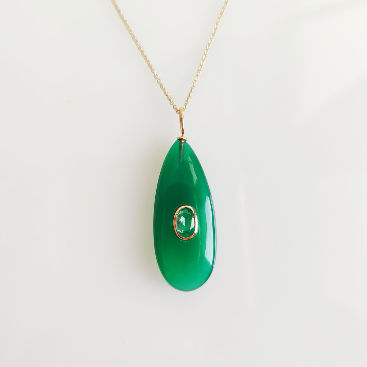 Natural Green Onyx & Aquamarine Pendant, 14K Solid Yellow Gold Pendant, March May Birthstone Pendant, Christmas Present