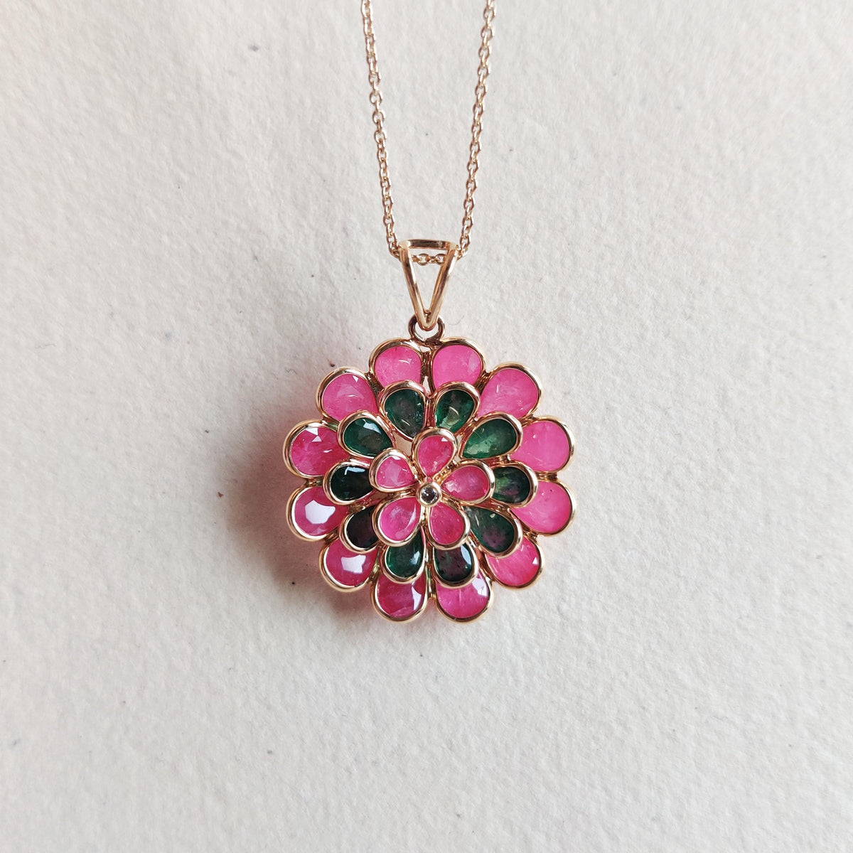 Natural Ruby Emerald & Diamond Flower Pendant, 14K Solid Yellow Gold, May July Birthstone