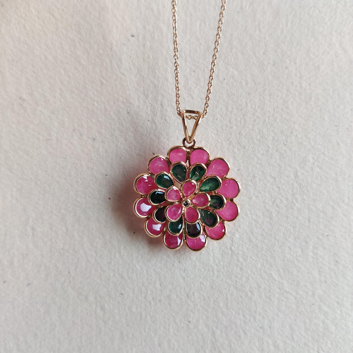 Natural Ruby Emerald & Diamond Flower Pendant, 14K Solid Yellow Gold, May July Birthstone