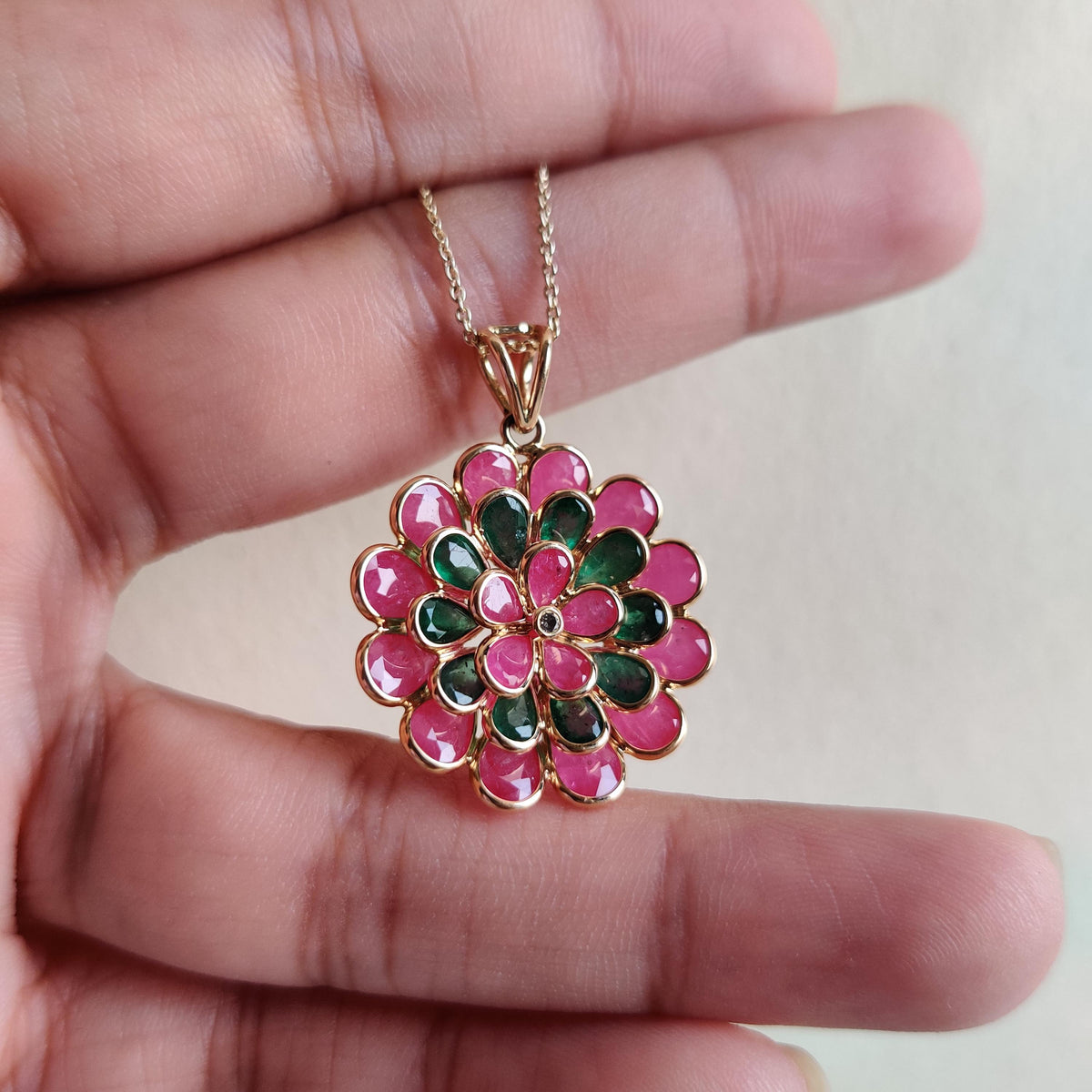 Natural Ruby Emerald & Diamond Flower Pendant, 14K Solid Yellow Gold, May July Birthstone