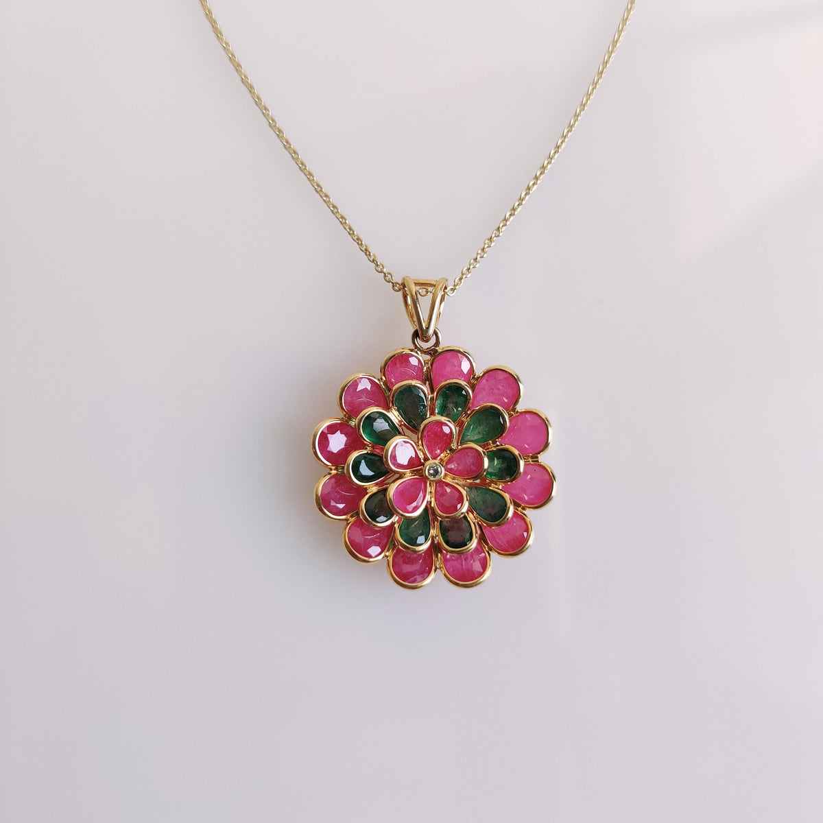 Natural Ruby Emerald & Diamond Flower Pendant, 14K Solid Yellow Gold, May July Birthstone