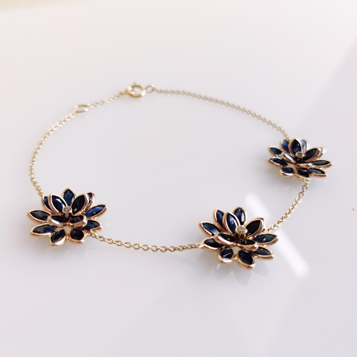 14K Solid Yellow Gold Natural Blue Sapphire & Diamond Flower Bracelet, September Birthstone, Christmas Present